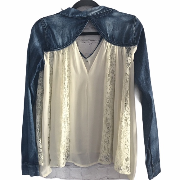 Free People Ivory Sheer Chiffon Lace Denim Blouse - Picture 4 of 8